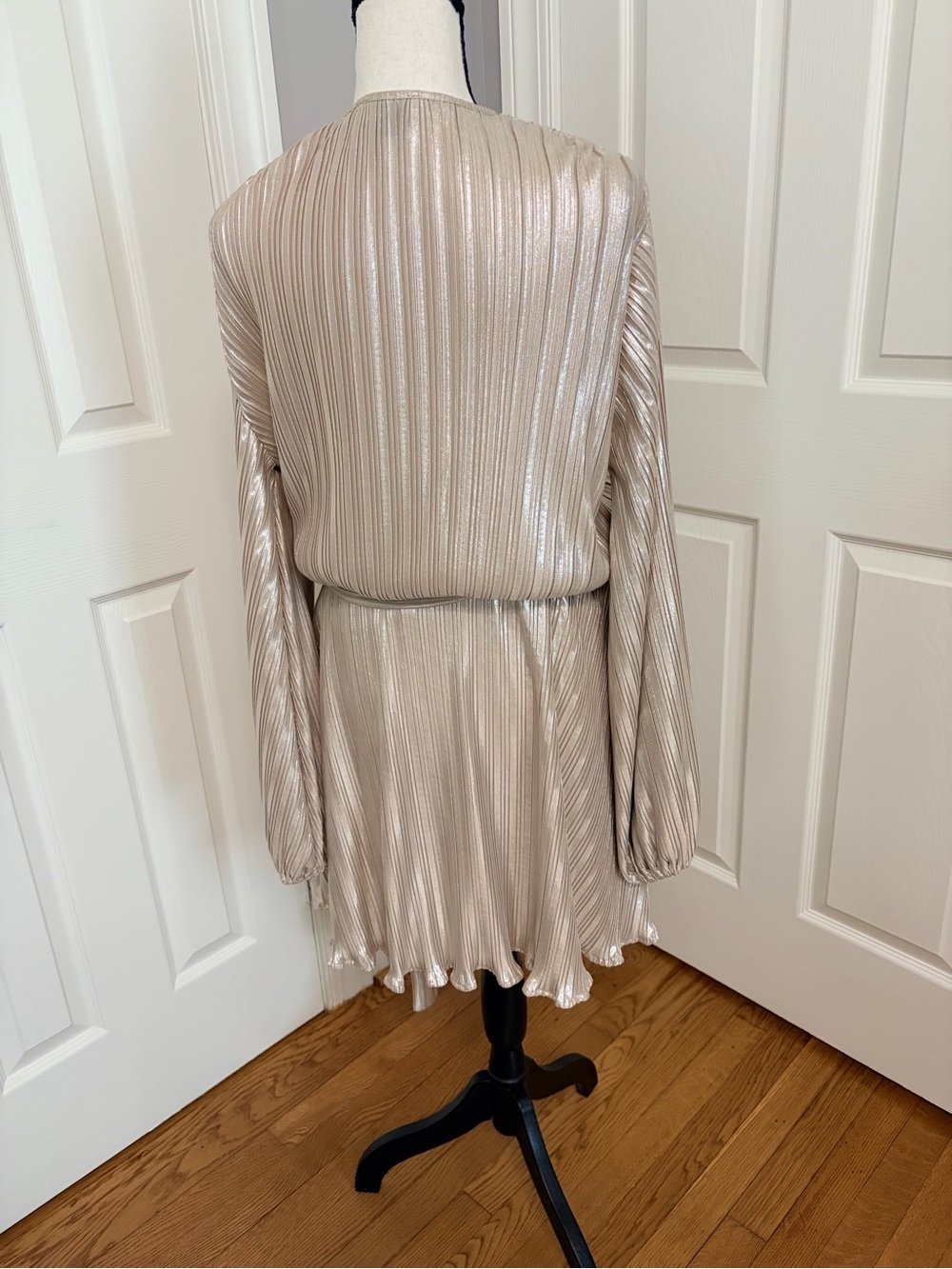 Bardot Metallic Pleated Wrap Dress in Champagne Beige - Picture 3 of 6